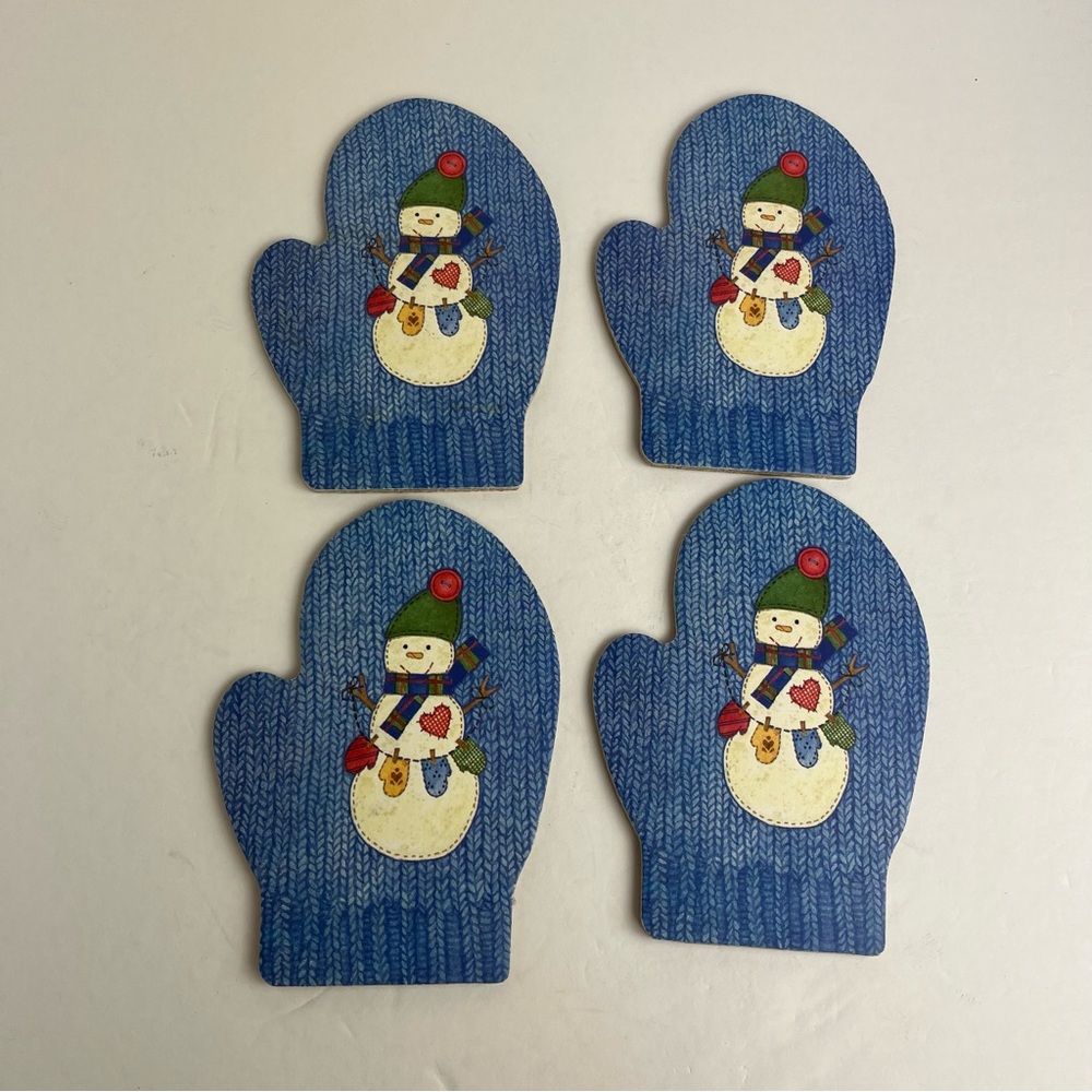 Basketville Blue Mitten Drink Coasters Snowman Winter Cork Backed Set of 4 NWOT